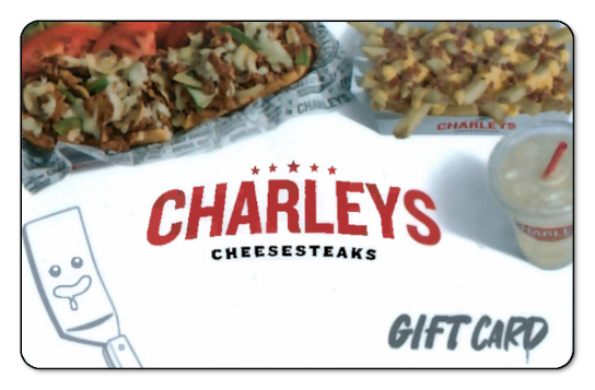 "number one cheese steak in the world" in red text in left top corner, photo of cheese steak in the middle, Charleys logo o
